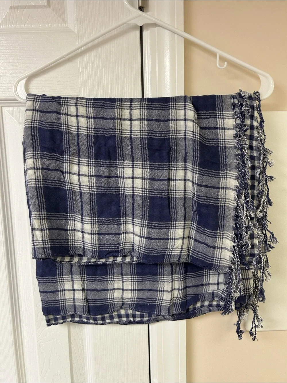 Unbranded blue and white plaid scarf with fringe